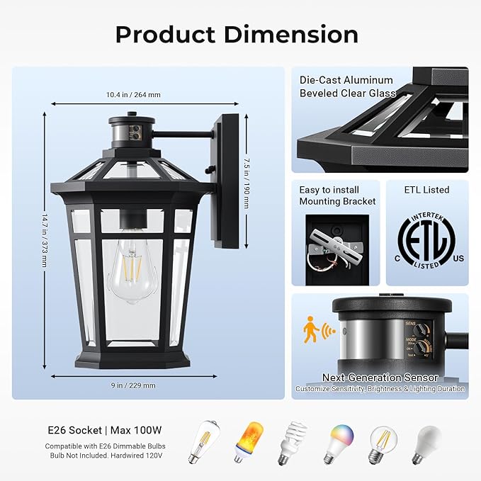 VIANIS Large Black Motion Sensor Outdoor Lights, Adjustable Sensing Range Exterior Lighting Fixtures, Aluminum Dusk to Dawn Outdoor Lighting Waterproof, Porch Lights Wall Mount for Garden,Front Door