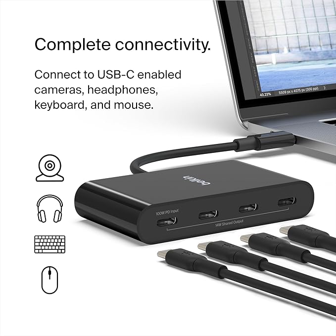Belkin 4-Port USB-C 3.2 Gen 2 Hub with 100W Power Delivery and 10Gbps Data Transfer, High-Speed Multiport Adapter Splitter Compatible with MacBook Pro/Air, iPad Pro, iPhone 15, Chromebook, Surface, PC