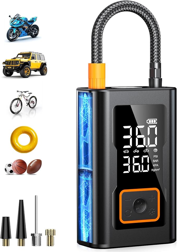 Tire Inflator Portable Air Compressor,Portable Tire Inflator for Car,Compact Air Pump for Car Tires,Bicycle,Ball,Rechargeable Air Pump with Digital Pressure Gauge and LED Lighth