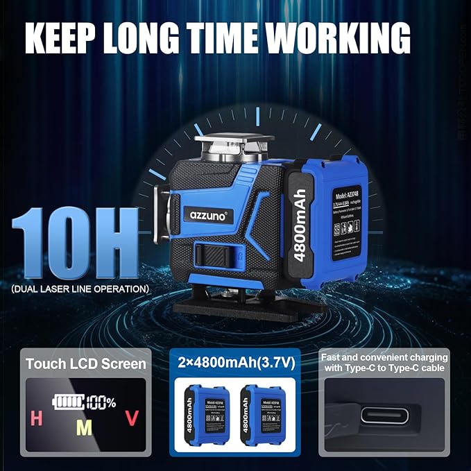 Laser Level with Tripod, AZZUNO 4x360 Laser Level 360 Self Leveling for Picture Hanging, Rotating Laser Covers Green Line Laser with 2x4800mAh Li-ion Battery, Ideal for Outdoor, Construction, Tile