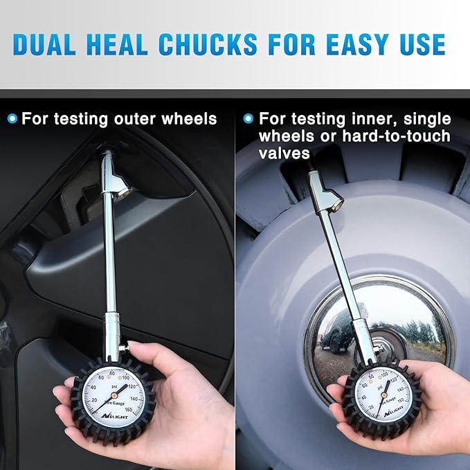 Nilight Tire Pressure Gauge 160PSI Heavy Duty Stainless Steel Dual Head Air Pressure Chucks ANSI B40.1 Certified Large 2" Dial Wheel Checker for Truck Semi Truck ATV Motorhome Cars & RV Accessories