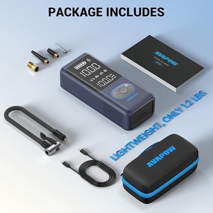 AVAPOW AP18 Tire Inflator Portable Air Compressor, 300% Faster 150 PSI Cordless Air Pump with Tire Pressure Gauge, 3.7″ Dual LCD Screen, Auto-Shuts Off Tire Pump for Car, Motorcycle, Bicycle, Purple