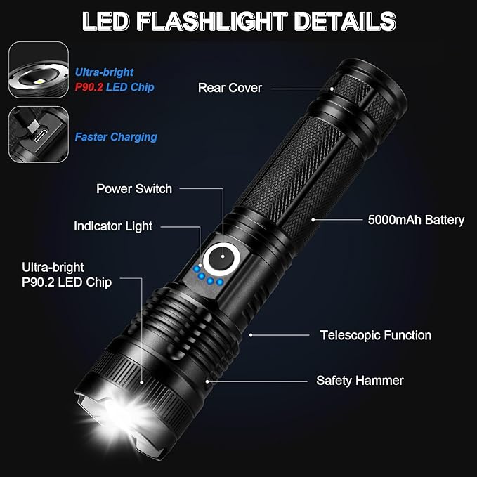 3 Pack Rechargeable Flashlights High Lumens, 99000LM Super Bright LED Flashlight, Adjustable Powerful Flash Light with 5 Modes & USB Cable, Waterproof Handheld Flashlight for Home Camping Outdoor