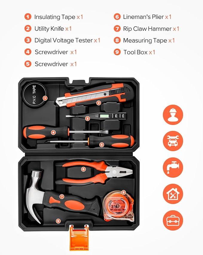 9pcs General Household Tool Set, Home Tool Kit with Plastic Toolbox for DIY, Maintenance, Perfect for Students & Homeowners (Red)