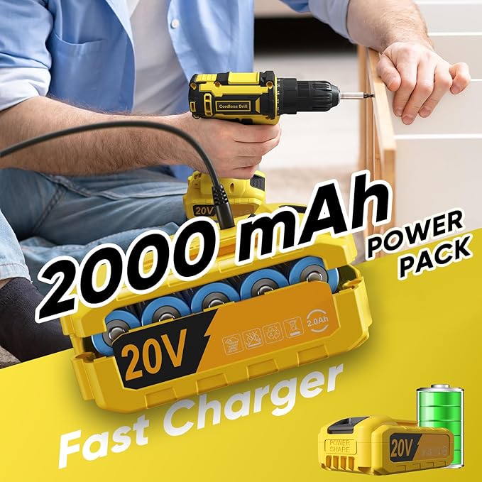 Cordless Drill Set, 20V Power Drill with Power Pack 2.0Ah and Charger, 3/8-Inch Keyless Chuck Electricdrill, 25+1 Torque, 42pcs Drilldriver Bits/Screws for DIY Projects (Yellow)
