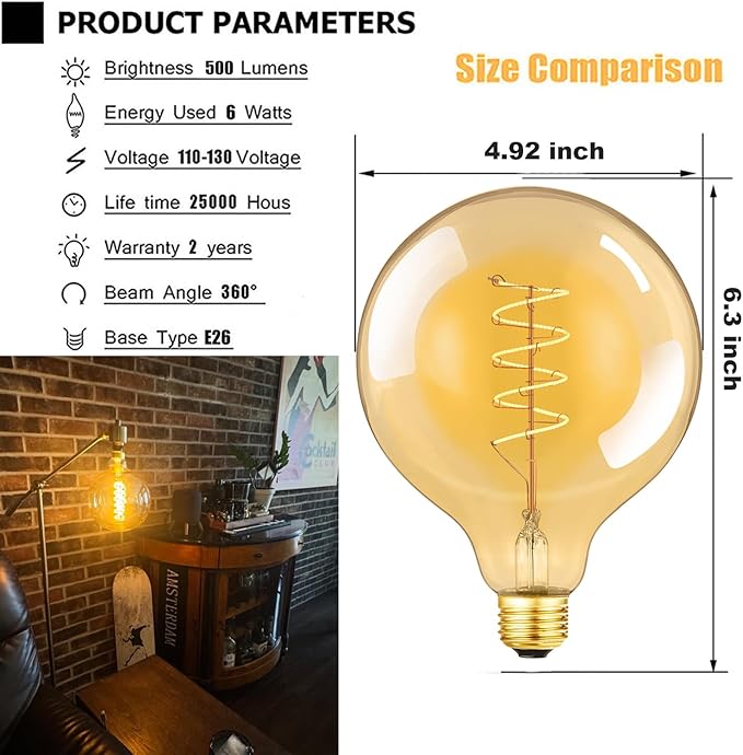 Leools Vintage LED Spiral Filament Bulb G125 Dimmable Flick-Free 6W CRI95 LED Edison Globe Light Bulb E26 Base,Amber Glass,Warm White,2200K, 500LM(60W Equivalent), Pack of 1