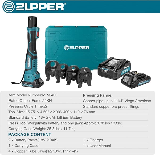Compact Pro Press Tool kit with 4 Copper Pro Press Jaws 1/2" to 1-1/4", Brushless Motor, 2pcs Battery, Fast Charger & Carrying Case