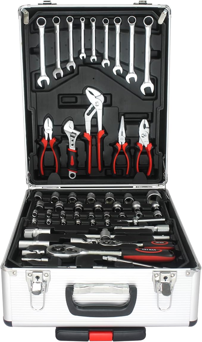 RYH 899pcs All-in-One Professional Tool Set & Rolling Tool Box Set - 4 Drawer Organizer Storage Case - Complete Home, Auto, Mechanic Tool Kit for DIY, Homeowner, Handyman Tool Set (Silver)