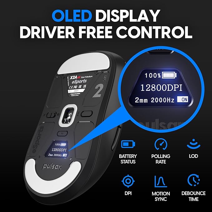 Pulsar Gaming Gears - X2A eS Wireless Gaming Mouse, Ambidextrous, Optical Switch, OLED Display, Driverless, PAW3395 Sensor, 100H Battery, 4K dongle Included (Medium, Black)