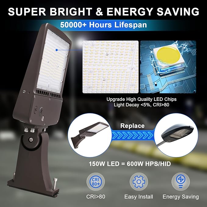 150W LED Parking Lot Light, 21000LM(140lm/w) LED Shoebox Area Light(600W HID/HPS Equivalent), 5700K Dimmable Outdoor Commercial Street Lighting -10KV Surge Protection IP65 100-277V UL DLC Listed
