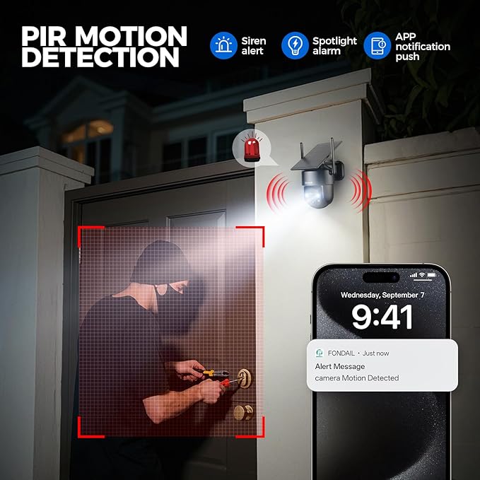 2K 2.4g WiFi Security Cameras Wireless Outdoor, 360° View Solar Cameras for Home Security, Color Night Vision, AI Detection, 2-Way Audio, Spotlight Siren Alarm, SD/Cloud Storage