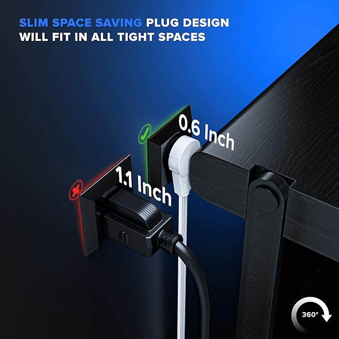 Maximm Cable 6 Ft 360° Rotating Flat Plug Extension Cord/Wire, 16 AWG Multi 3 Outlet Extension Wire, 3 Prong Grounded Wire - White - UL Certified