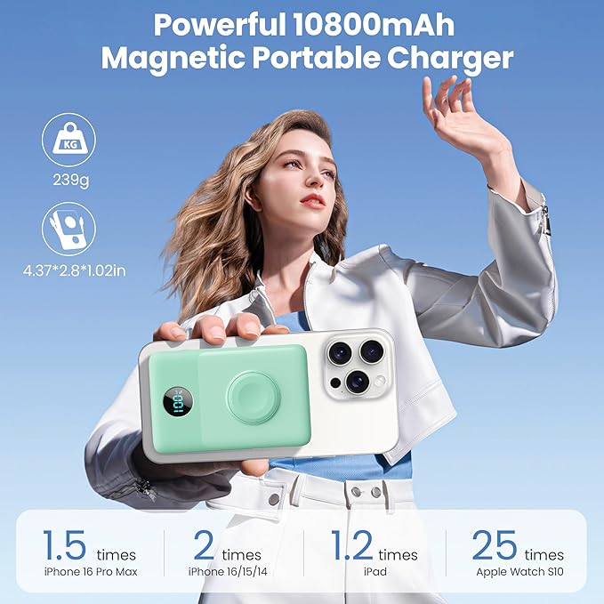 Magnetic Portable Charger 10800mAh for iPhone with Built-in Cables, 6-in-1 Wireless Power Bank with iWatch Charger, 25W PD Fast Charging USB C Battery Pack for iPhone 16/15/14/13/12,Apple Watch(Green)