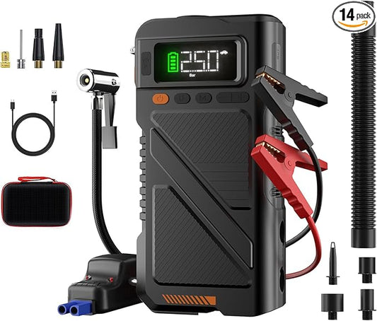 8000A Jump Starter with Air Inflator & Deflator Compressor, 9-in-1 Portable 12V Car Jump Box Power Pack for All Gas/12L Diesel Engine with 150PSI Tire Inflator & Extended Jumper Cable