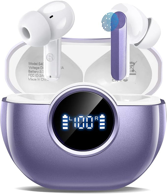Wireless Earbuds 2025 NEW Bluetooth 5.4 Headphones Bass 3D Stereo, In-Ear Earphones with 4 ENC Noise Cancelling Mic, 48H Playtime with LED Display, IPX7 Waterproof for Laptop Android iOS, Light Purple