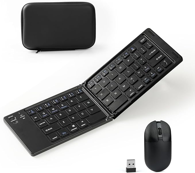 Foldable Keyboard and Mouse, 2.4G Wireless+Dual Bluetooth5.0 Folding Keyboard & Mouse Combos for Business and Travel, USB-C Rechargeable Portable Keyboard Mouse for iPads, Phones, Tablets-Black