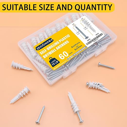 60PCS Self Drilling Drywall Anchors and #8 Screws, Wall Anchors for Drywall Heavy Duty Holds Upto 75LB, No Pre Drill Hole Required, Dry Wall Screws and Anchors Kit