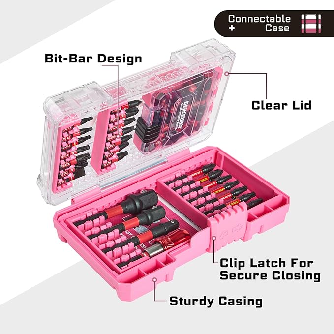 55Pieces Impact Screwdriver Bits Set, Magnetic S2 Steel Phillips/Slotted/Square/Torx Insert Power Bits Tips, Impact Bit Holder and Impact Socket Adapter with Pink Storage Box Case