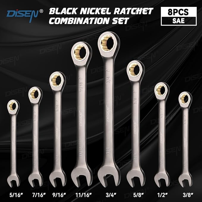 DISEN Ratcheting Wrench Set SAE Upgraded Open&Box End 90 Teeth 5/16", 3/8", 7/16", 1/2", 9/16", 5/8", 11/16", 3/4" Combination Ratchet Wrenches with Organizer, Black Nickel Coated,CR-V Steel (8PCS)