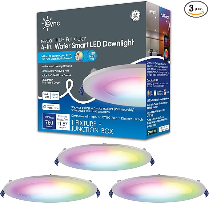 Cync GE Reveal HD+ Wafer Smart LED Downlight Fixture, Full Color Changing Lights, WiFi and Bluetooth LED Lights, 13 Watts, Works with Amazon Alexa and Google Home, 4 Inches (3 Pack)
