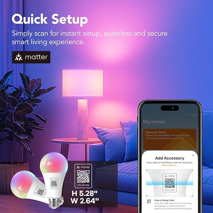 OREiN Matter Smart Light Bulb, 1600 Lumens 100W Equivalent Smart Light Bulbs, Color Changing Light Bulbs Work with Apple Home, Alexa, Google Home, SmartThings, A21 Smart Bulbs 2.4Ghz WiFi, 2Pack