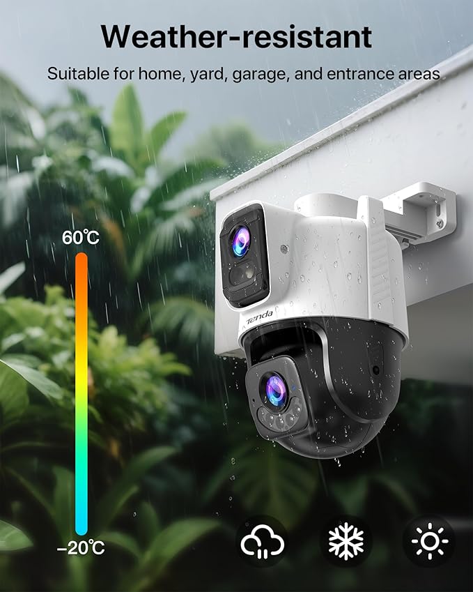 Tenda Wi-Fi Outdoor Camera 2K+2K, 360° PTZ Surveillance Camera with Dual Lens, FHD Auto Tracking, IP65 Waterproof, Color Night Vision, Two-Way Audio, Vehicle Detection – CH9