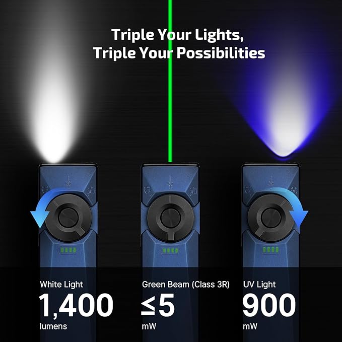 OLIGHT Arkfeld Ultra 1400 Lumens EDC Flat Flashlight, Rechargeable Compact Pocket Flash Light Combines White LED, UV and Green Beam, Triple Sources Perfect for Checking, Working (Navy Blue CW)