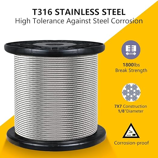 600FT 1/8" T316 Stainless Steel Cable with Cutter, 7x7 Strands Aircraft Wire Rope for Deck Railing, Stair Handrail, Porch Fence, High Strength for Indoor and Outdoor Use
