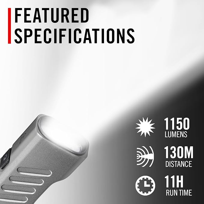 Coast Slayer 1150 Lumen USB-C Rechargeable LED Flashlight with Spot/Flood, Memory Mode and Pocket Clip, Silver