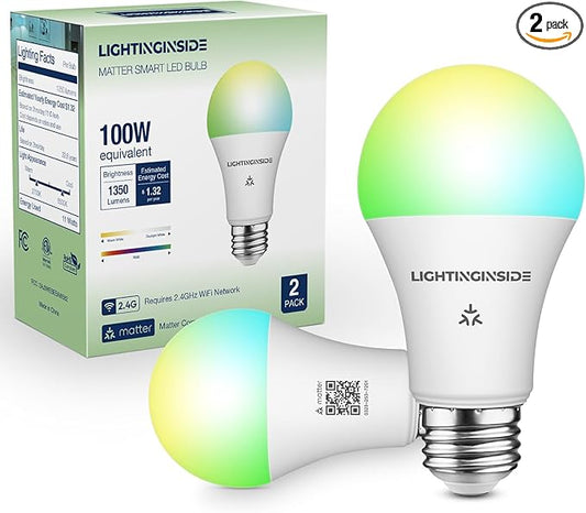Matter Smart Light Bulbs 100W Equiv, Compatible with Alexa/Apple Home/Siri/Google Home/SmartThings, A19 E26 WiFi RGBCW Color Changing Light Bulb, 11W 1350LM, 2.4G WiFi, ETL Listed, 2PCS