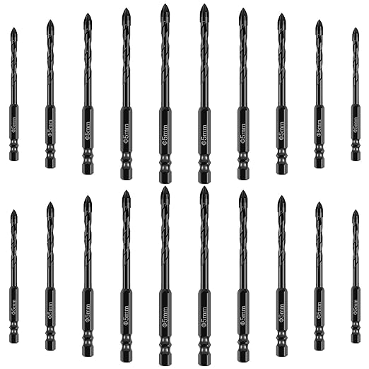 20Pcs Concrete Drill Bit Set 5mm Alloy Masonry Drill Bit Set Stable Carbide Tipped Tile Drill Bit Cross Head 1/4 Hex Shank Drilling Hole Bit for Concrete Cement Brick Wood (5mm 20pcs)