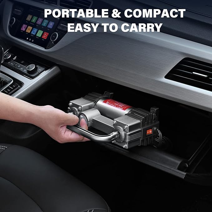 GSPSCN Tire Inflator Heavy Duty Double Cylinders, Portable Metal DC 12V Air Compressor - Car Accessories, 150PSI Tire Pump with Adapter for Car, Truck, SUV Tires, Dinghy, Air Bed etc (Titanium)