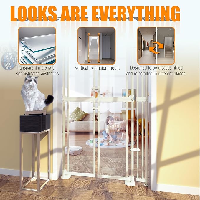 74-98" Extra Tall Cat Gate,Fits 33.85-42" Wide Opening,No Drilling Pressure Mount Design,Innovation Transparent Double Opening Pet Gate,Double Doors for Doorways/Stairs/Kitchen/Home, White
