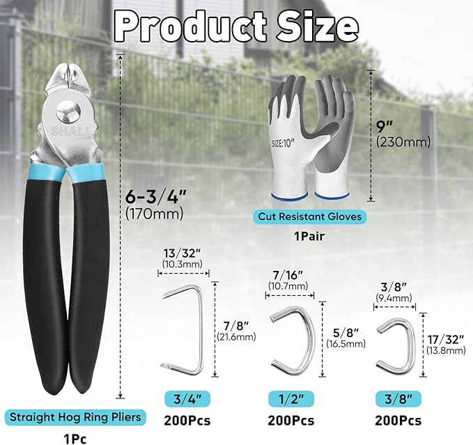 SHALL Bent Hog Ring Pliers Kit with 600pcs Galvanized Hog Rings (3/8’’, 1/2’’, 3/4’’) for Upholstery, Fence, Animal Pet Cages, Bungee Cords, Bagging, Protective Gloves, Storage Case & Bag Included