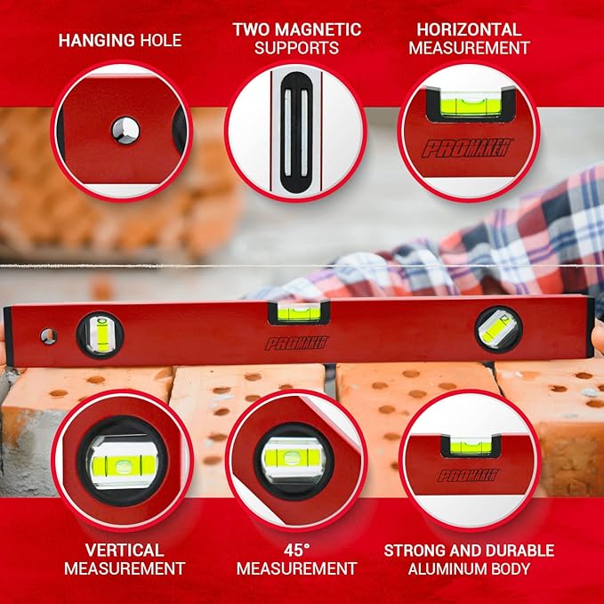 PROMAKER 18 inch Level, Magnetic Level with 180° 90° 45° bubbles, Shock Resistant, Aluminum Body, Level Tool with Overhead Viewing for Comfortable read PRO-NV030