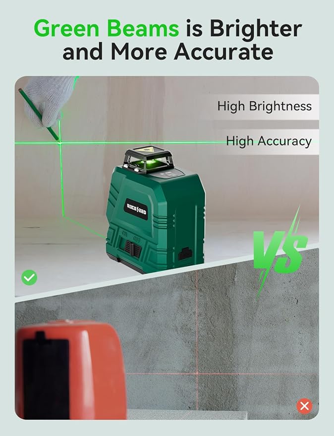 Laser Level with Adjustable 47 inch Tripod, RockSeed 1x360° Horizontal and 1x 150° Vertical Green Line Self-Leveling Laser Level, Rechargable Laser Leveler, for Hanging Pictures/Wall Construction