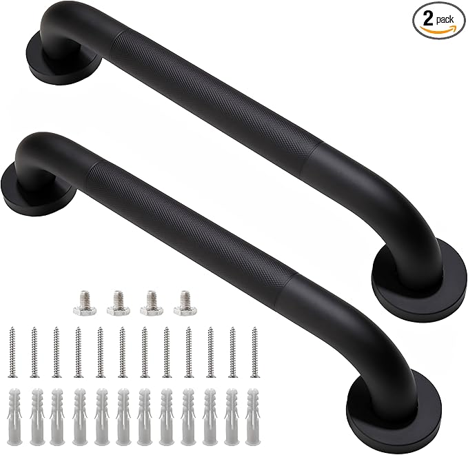 Shower Grab Bar, 2 Pack 16 Inch Black Bathroom Grab Bar, 1.25" Diameter 304 Stainless Steel Anti-Slip Grab Bars for Bathtubs and Showers, Handicap Shower Grab Bar for Seniors Elderly