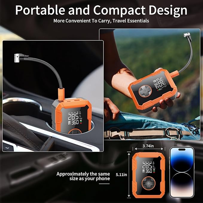 Portable Air Pump for Car Tires, 150 PSI Tire Inflator Cordless with LED Light, Rechargeable Auto Shut-off Air Compressor 2X Fast Inflation Tire Pumps for Car Bike Motorcycle Ball