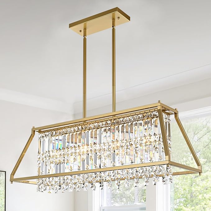Crystal Chandelier Light for Dining Room, 4-Light Trapezoidal Industrial K9 Crystal Pendant Lights with Brushed Gold Metal Frame Pendant Lamp for Kitchen Island Living Room Entryway (Gold)