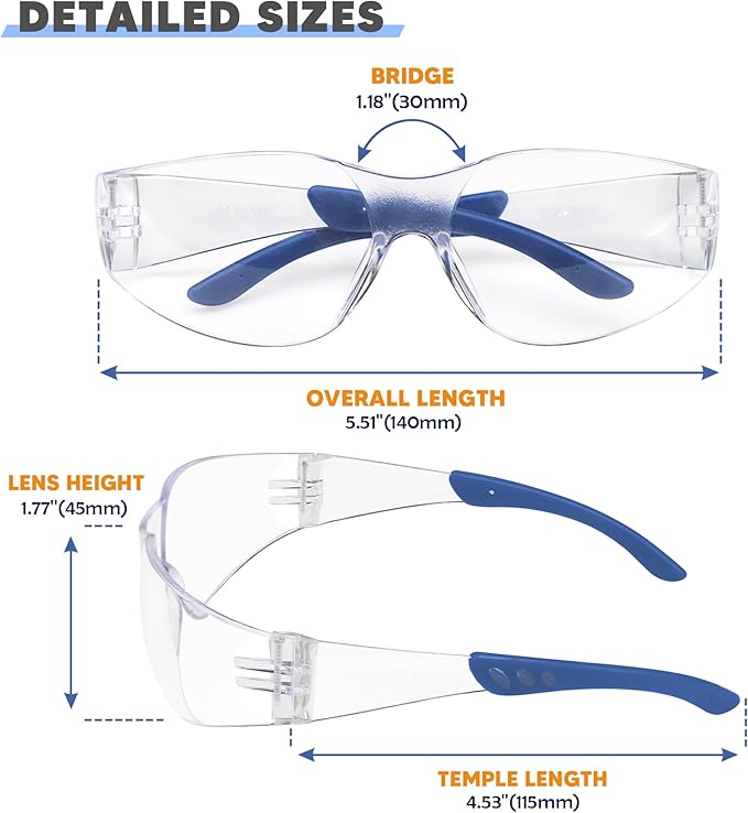 Clear Safety Glasses 24 Pack, Polycarbonate Lens with Rubber Temples, Safety Goggles Anti-Scratch Impact Resistant, Eye Protection for Work Lab Construction, Clear Lens/Blue Frame