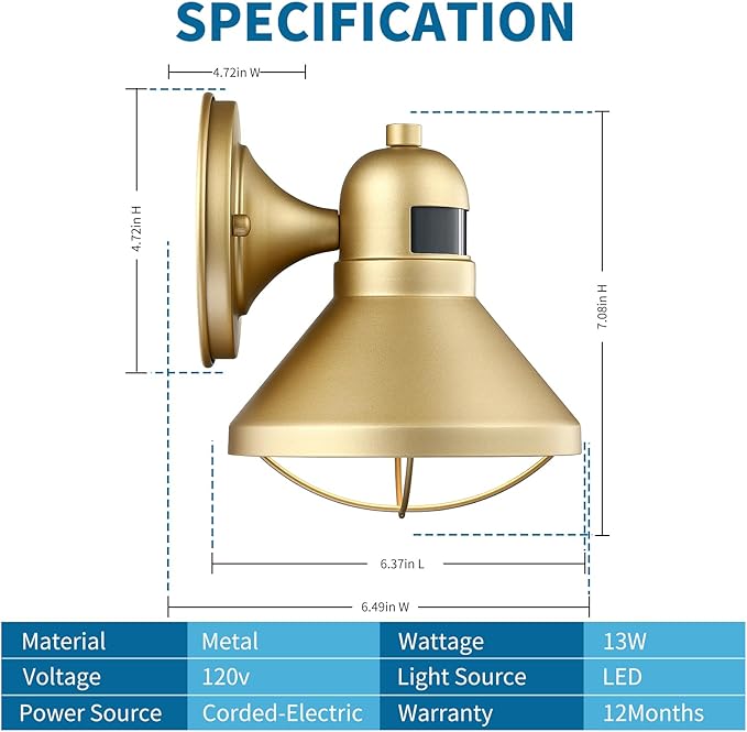 LONEDRUID Motion Sensor LED Outdoor Barn Light Fixtures Dusk to Dawn Exterior Porch Lantern Gold Outside Wall Sconce Lighting Rustic Farmhouse Wall Mount Lamp for House Garage Patio Entryway