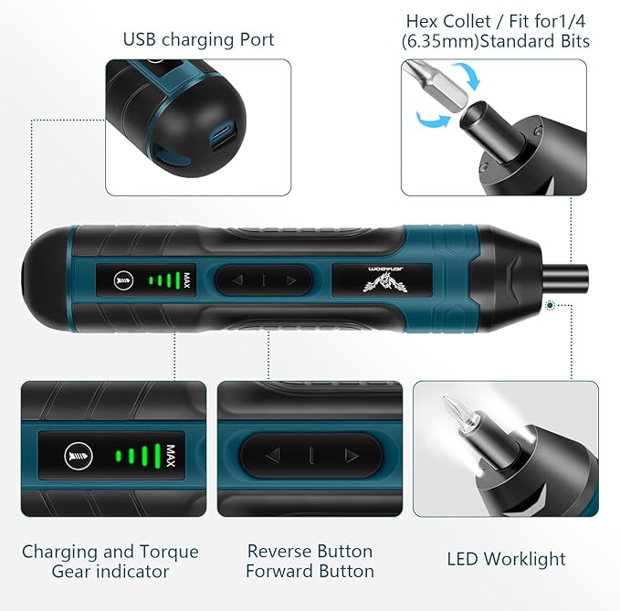 Electric Cordless Screwdriver, 3.6V Rechargeable Power Screwdriver, 5N.m Max Torque, 4-Gear Torque, LED Light, 20 Pcs, Ideal for Daily & Light Industrial Use