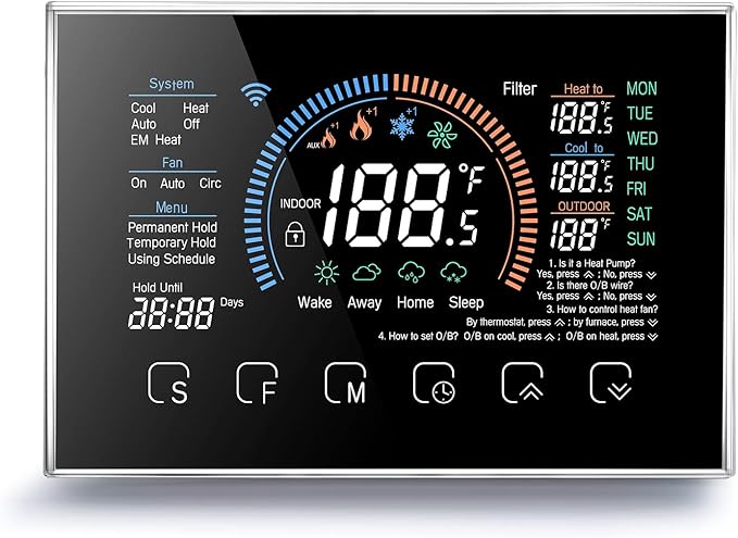 Thermostat, WiFi Smart Heat Pump Room Thermostat, Temperature Controller 4.8 Inch Color LCD Screen Programmable Touch Control/Mobile APP/Voice Control (Black)