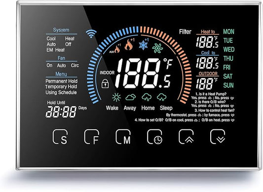 Thermostat, WiFi Smart Heat Pump Room Thermostat, Temperature Controller 4.8 Inch Color LCD Screen Programmable Touch Control/Mobile APP/Voice Control (Black)