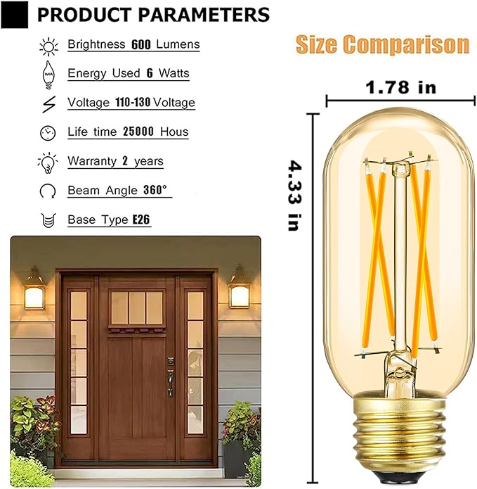 Leools E26 LED Bulb 6W Equivalent E26 Bulb 60 watt Warm White 2700K Amber E26 Edison Bulb dimmable AC120V 600lm Tubular T14 T45 LED Bulb for Pendant, Sputnik,Vanity,Wall sconces Pack of 6