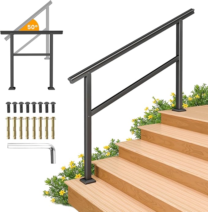 SPACEEUP Hand Rails for Outdoor Steps,5 Step Handrail，60" x 34" Fits 0 to 5 Steps, Outdoor Stair Handrail Kit, Black Railings for Outdoor Steps for Porch Deck，Hand Rails for Seniors