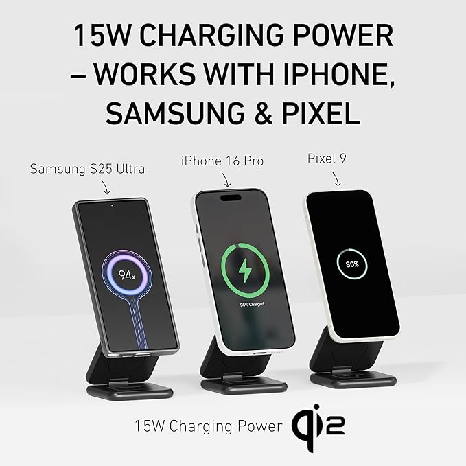 Peel 3-in-1 Wireless Charging Stand – Qi2 Certified Fast Charger, Compatible with MagSafe iPhone 16/15/14/13/12, Apple Watch & AirPods, Ultra-Slim Foldable Design, USB-C Cable – Black