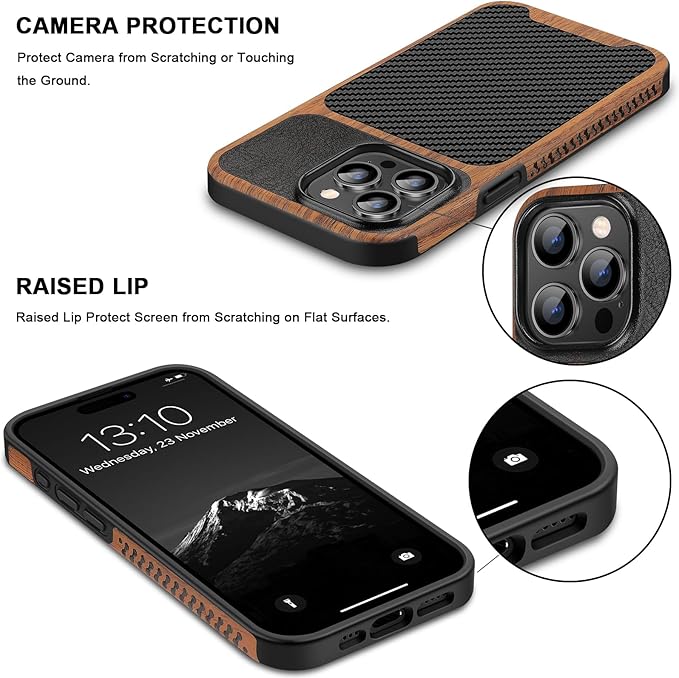 TENDLIN Magnetic Case Compatible with iPhone 15 Pro Max Case Wood Grain with Carbon Fiber Texture Design Leather Hybrid Slim Case (Compatible with MagSafe) Black