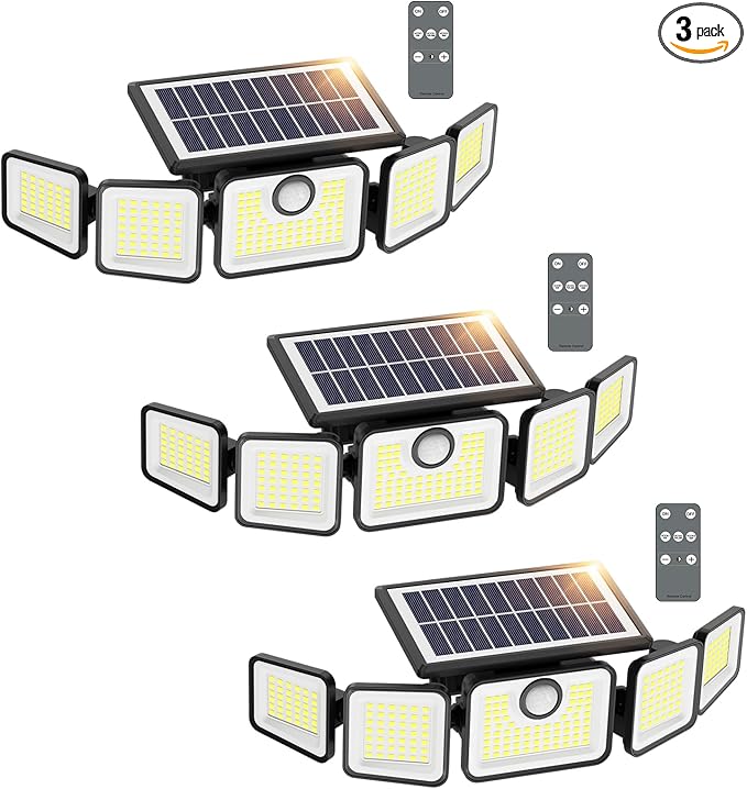 Solar Lights Outdoor, 6000LM Solar Flood Lights Outdoor, 230 LED 5 Heads Motion Sensor Lights Waterproof with Remote Control for Outside Yard House Patio 3 Pack