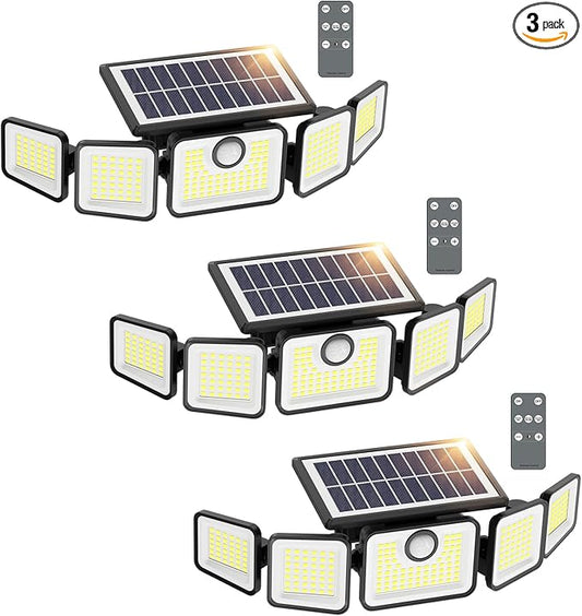 Solar Lights Outdoor, 6000LM Solar Flood Lights Outdoor, 230 LED 5 Heads Motion Sensor Lights Waterproof with Remote Control for Outside Yard House Patio 3 Pack